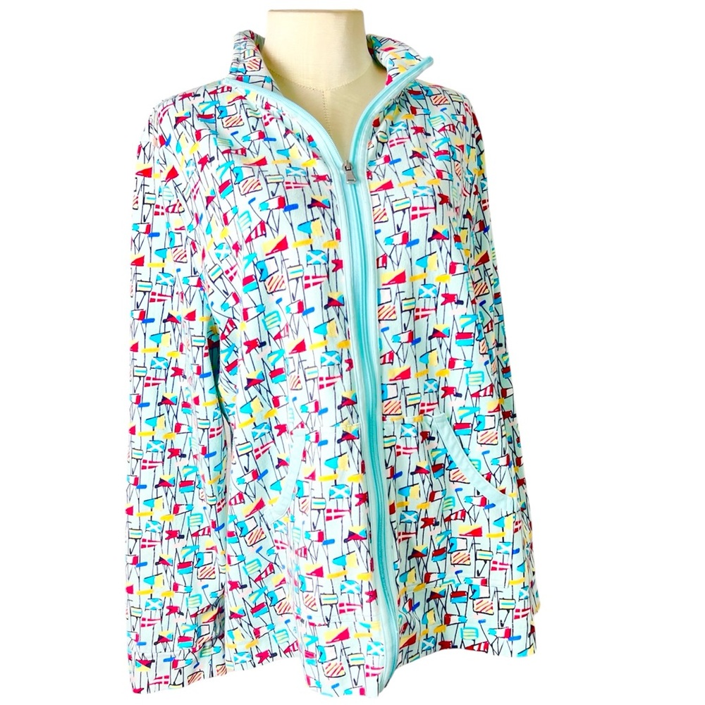 Talbots Jacket Womens XL Aqua Blue Flags Nautical Boat Full Zip Casual beachy